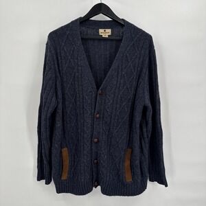 Woolrich Sweater Cardigan Mens XL Heather Deep Navy Wool Cable Knit Fisherman